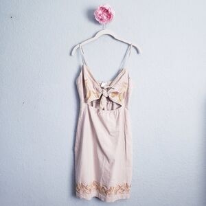 Venus Linen Blend Palm Embroidered Front Knot Cut Out Mini Dress